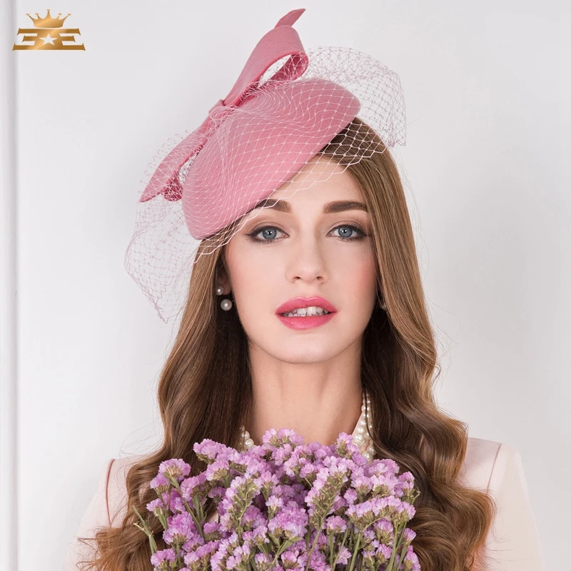 100% Шерстяная Фетровая Шляпа Fascinators для Женщин, Элегантное Розовое Свадебное Платье, Чайная вечеринка, Пиллбокс, Шерстяная Шапочка, Женская B-7535 . ' - ' . 1