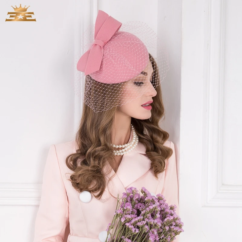 100% Шерстяная Фетровая Шляпа Fascinators для Женщин, Элегантное Розовое Свадебное Платье, Чайная вечеринка, Пиллбокс, Шерстяная Шапочка, Женская B-7535 . ' - ' . 2