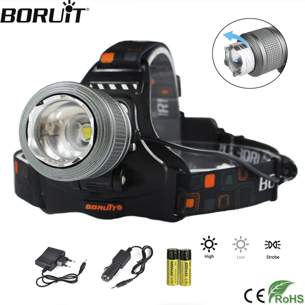 BORUiT LED Мощный налобный фонарь 1000LM с 3 режимами увеличения, Перезаряжаемый налобный фонарь 18650, Водонепроницаемый налобный фонарь для Кемпинга, Охоты . ' - ' . 0