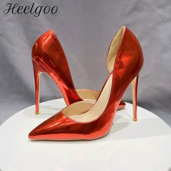 Heelgoo/ Блестящие Красные Женские туфли D'Orsay с острым носком на высоком каблуке 8-12 см для Свадьбы, Пикантные Классические туфли-лодочки на шпильке без застежки