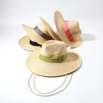 202305-59803 Дропшиппинг летняя бумажная трава пляжная жемчужная цепочка со стразами женские фетровые шляпы для женщин, панама для отдыха, джазовая шляпа
