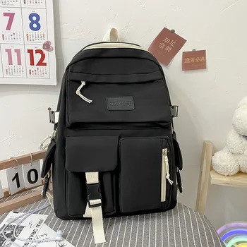 Большой емкости холщовый черный рюкзак Легкая простая дорожная сумка холщовый рюкзак Студенческая школьная сумка Холщовый студенческий рюкзак на молнии