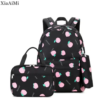 2022 Новый женский рюкзак, студенческая водонепроницаемая нейлоновая школьная сумка, сумка для ланча, сумка для ручек, набор из трех предметов, рюкзак с фруктовым рисунком для девочек