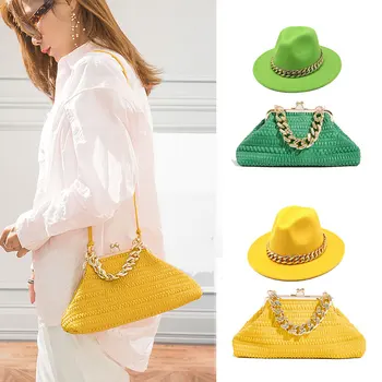 Ретро темно-зеленая шляпа-фетровая шляпа для женщин, сумка для аксессуаров с цепочкой, Роскошная Новая шляпа, Последняя цепочка в том же цвете шапка