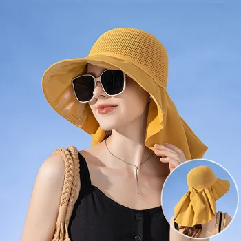 Женская Широкополая шляпа с шалью, летняя легкая Дышащая сетка, защита лица и шеи от ультрафиолета, солнцезащитная шляпа с бантом, дизайн складок, дорожная пляжная кепка
