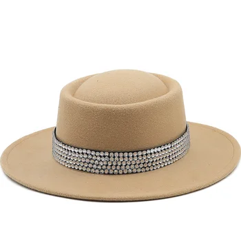 шляпа с широкими полями 7 см, аксессуары с бриллиантами, женская элегантная британская шерстяная джазовая шляпа в стиле ретро, осенне-зимняя однотонная панама