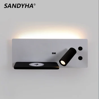 SANDYHA Многофункциональный светодиодный внутренний настенный светильник для чтения с беспроводным переключателем зарядки телефона от USB, Прикроватный настенный бра, гостиничный прикроватный светильник