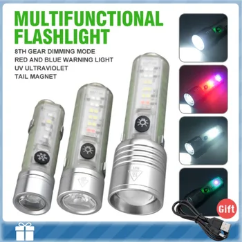 Светодиодные Фонари высокой мощности, 8 режимов, USB перезаряжаемый тактический фонарь, МИНИ многофункциональный фонарь для кемпинга с сильным магнитом