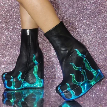 Разноцветные ботинки из матовой кожи С Огненными аппликациями, Женская обувь на танкетке и каблуке, Молния сбоку, Круглый носок, Мода 2023 года, Zapatos Para Mujere