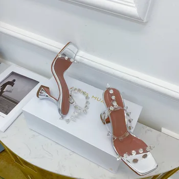 Прозрачные сандалии Julia на серебристом каблуке из ПВХ с кристаллами, Открытый квадратный носок, пряжка, ремешок на щиколотке, Модифицированный каблук-шпилька AMINA MUADDI