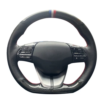 Оплетка Рулевого колеса Автомобиля Для Hyundai Veloster 2019 i30 2017-2019 Elantra 2019 Ручной Работы Из Черной Кожи Из Углеродного Волокна