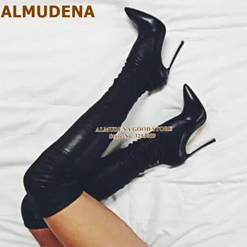 ALMUDENA/Лидирующий бренд, Облегающие Сапоги выше колена на телесно-черном металлическом каблуке Золотистого Цвета С острым носком, Модельные туфли для ночного клуба, сапоги до бедра