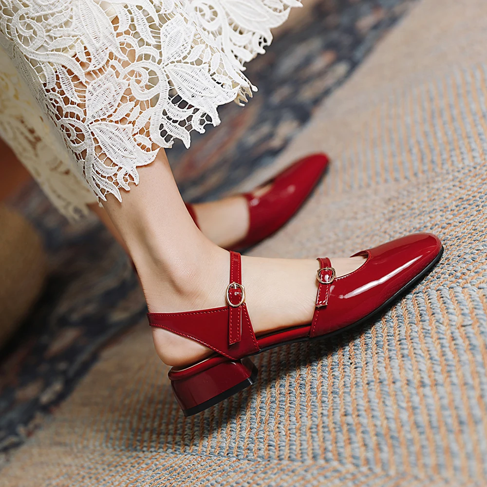 Модные женские туфли в стиле Мэри Джейн с двумя пряжками, женские туфли на низком каблуке с Квадратным носком, однотонные вечерние модельные туфли Зеленого, Розового, красного цвета . ' - ' . 2