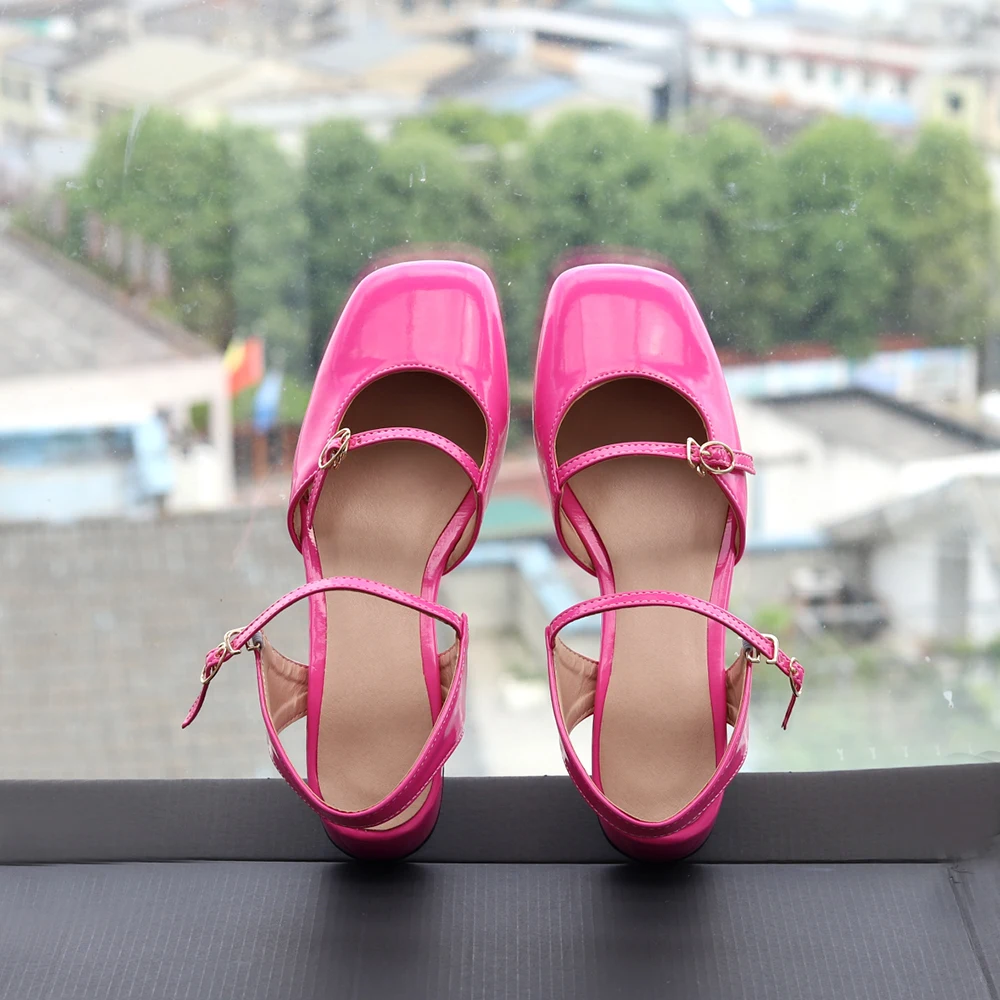 Модные женские туфли в стиле Мэри Джейн с двумя пряжками, женские туфли на низком каблуке с Квадратным носком, однотонные вечерние модельные туфли Зеленого, Розового, красного цвета . ' - ' . 4